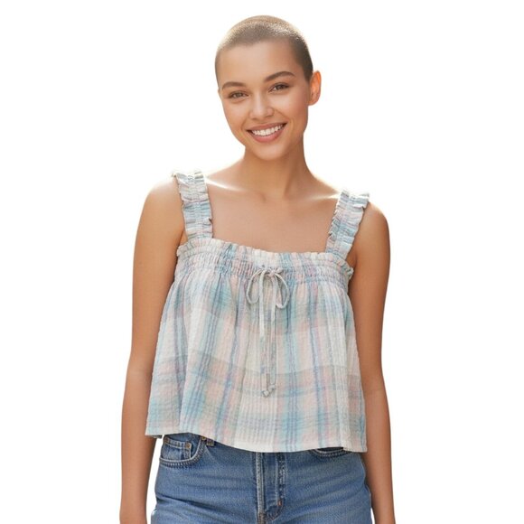 NEW American Eagle Outfitters X-Small Cotton Cropped Top Pink Blue Green Plaid - Picture 1 of 14